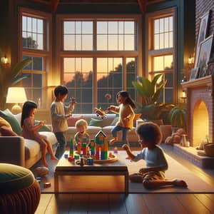Diverse Children Playing in Cozy Living Room | Happy Kids Scene