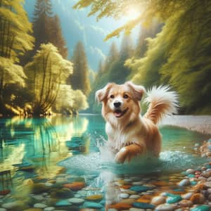Adorable Mixed Breed Dog Playing by Tranquil River