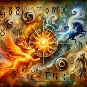 Symbolic Artwork: Sun, Fire, Zodiac Signs & Runes