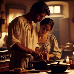 Romantic Cooking Scene with Diverse Couple | Evening Ambiance