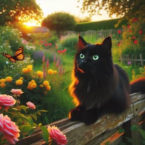 Black Cat on Wooden Fence Surrounded by Blooming Garden