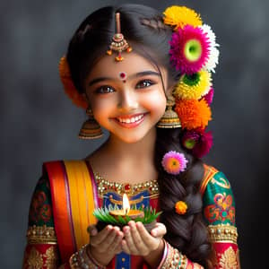 Beautiful Tamil Girl in Pattu Pavadai with Diya | Traditional Attire