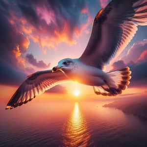 Majestic Seagull Soaring at Sunset | Tranquil Sea View
