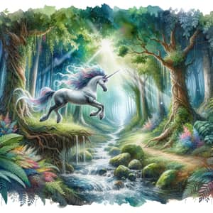 Enchanting Watercolor Painting of a Mystical Forest and a Graceful Unicorn