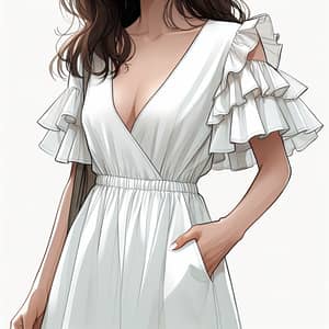 Casual White Dress with Deep V Neck and Ruffled Sleeves