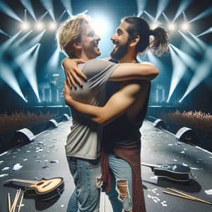 Blond and Dark-Haired Men Embrace on Stage After Rock Band Show