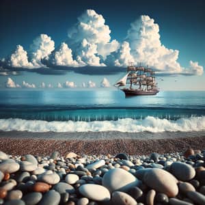 Tranquil Seascape with Grand Sailing Ship | Glistening Pebble Beach