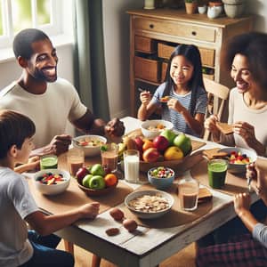 Family Breakfast Scene: Healthy Foods and Warm Conversations