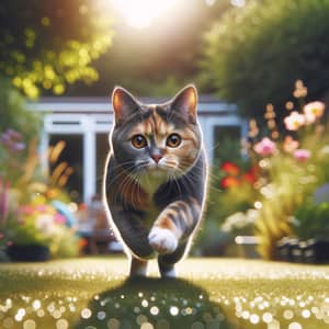 Energetic Calico Cat Running in Sunny Backyard