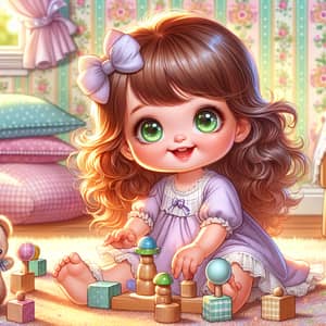 Charming Illustration of a Small Girl Playing Happily with Wooden Toys