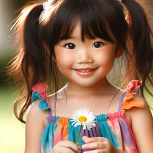 Adorable Asian Girl Playing in Sunny Park with Daisy