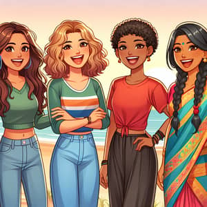 Diverse Female Friends Enjoying Sunset Beach Hangout