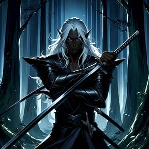 Powerful Dark Elf with Katana in Enigmatic Forest