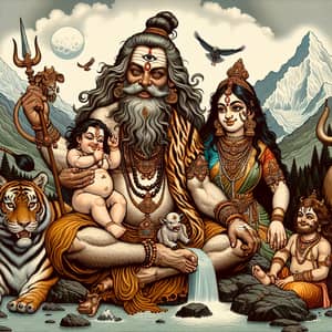 Lord Shiva Family: Divine Hindu Mythology Illustration