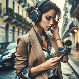 Stylish Hispanic Woman With Big Headphones Walking in Urban Street