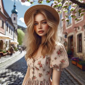 Charming European Girl Walking on Sunny Cobblestone Street