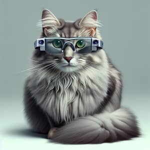 Sleek Grey Fur Cat Wearing Futuristic Glasses | Tech-inspired Imagery
