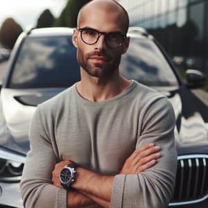 Handsome Bald Man with Glasses Poses by Car | Automotive Photos