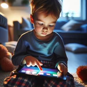 Young Boy Playing with LCD Tablet in Brightly Lit Room