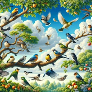 Serene Scene with Birds Perched on Tree Branches