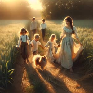 Impressionist Family Scene in Sunlit Field with Pomeranian Dog
