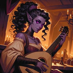 Tiefling Rogue Woman Playing Lute in Fantasy Tavern