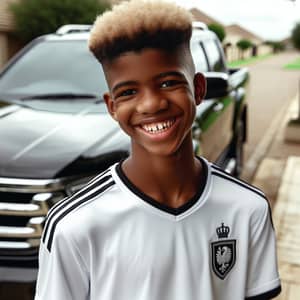 Smiling Black 14-Year-Old with South African Haircut and Madrid Shirt