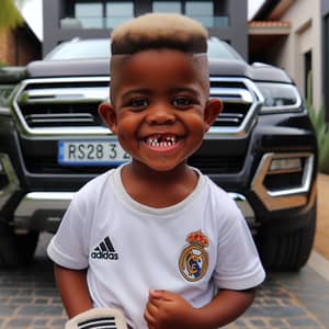 Smiling 5-Year-Old South African Boy in Real Madrid T-Shirt
