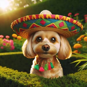 Colorful Sombrero-Wearing Dog in Lush Garden
