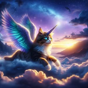 Whimsical Unicat: Fantasy Creature Soaring Across Twilight Sky