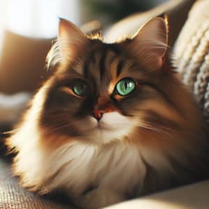 Fluffy Green-Eyed Domestic Cat Lounging on Sunlit Couch
