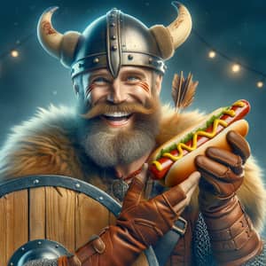 Cheerful Viking Enjoying Hotdog Sandwich - Norse Feast