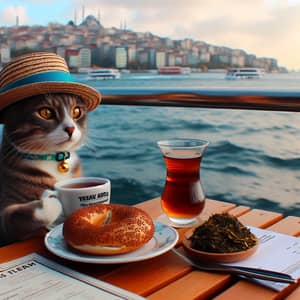 Cat with Hat Enjoying Tea and Bagel by the Sea in Istanbul