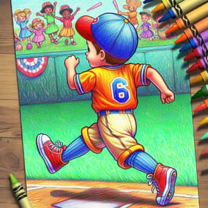 Vibrant Baseball Kid in Crayon World | Sports-Themed Illustration