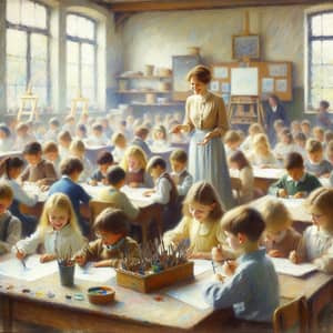 Lively Classroom Environment - Impressionistic Style Oil Painting