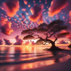 Tranquil Ocean Sunset with Silhouette Tree | Calm Evening Glow