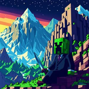 Minecraft Creeper in Suit near Mountain Background