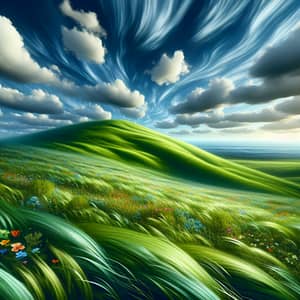 Tranquil Landscape: Green Hill with Colorful Flowers and Endless Sky