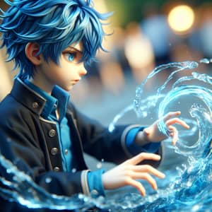 Blue Hair Boy Mastering Water Control in Realistic Design