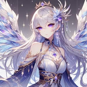 Celestial Anime Character with Purple Eyes and Ethereal Wings