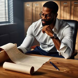 Focused Black Man at Wooden Desk Reviewing To-Do List