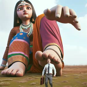Gigantic South Asian Girl Curiously Standing Over Middle-aged Man