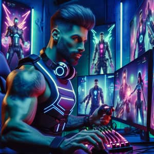 Futuristic Cyberpunk Gamer in Neon Gaming Room
