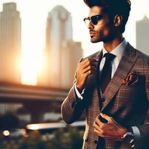 Stylish Indian Man in Suit with City Skyline at Sunset