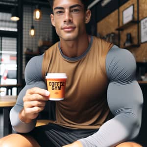 Hispanic Athlete at Coffee Shop with 'COFFEE GYM' Cup