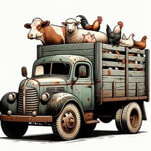 Vintage Farm Truck with Farm Animals - Rustic Charm Illustration