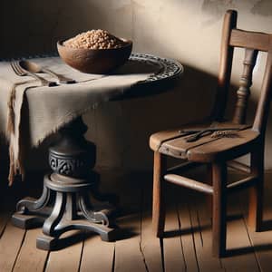 Rustic Wooden Chair & Iron Table Setting with Buckwheat Porridge