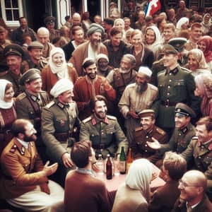 Vintage Austrian Soldiers Interacting with Diverse Civilians