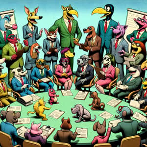 Animated Business Attire Animals in Comical Team Meeting