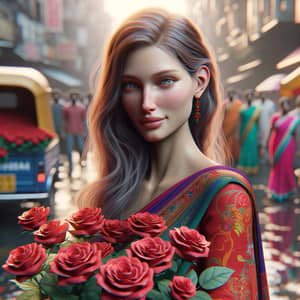 Enchanting Fair European Woman in Vibrant Saree Selling Red Roses